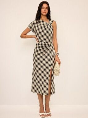 Commense Plaid Asymmetric Slit Maxi Dress